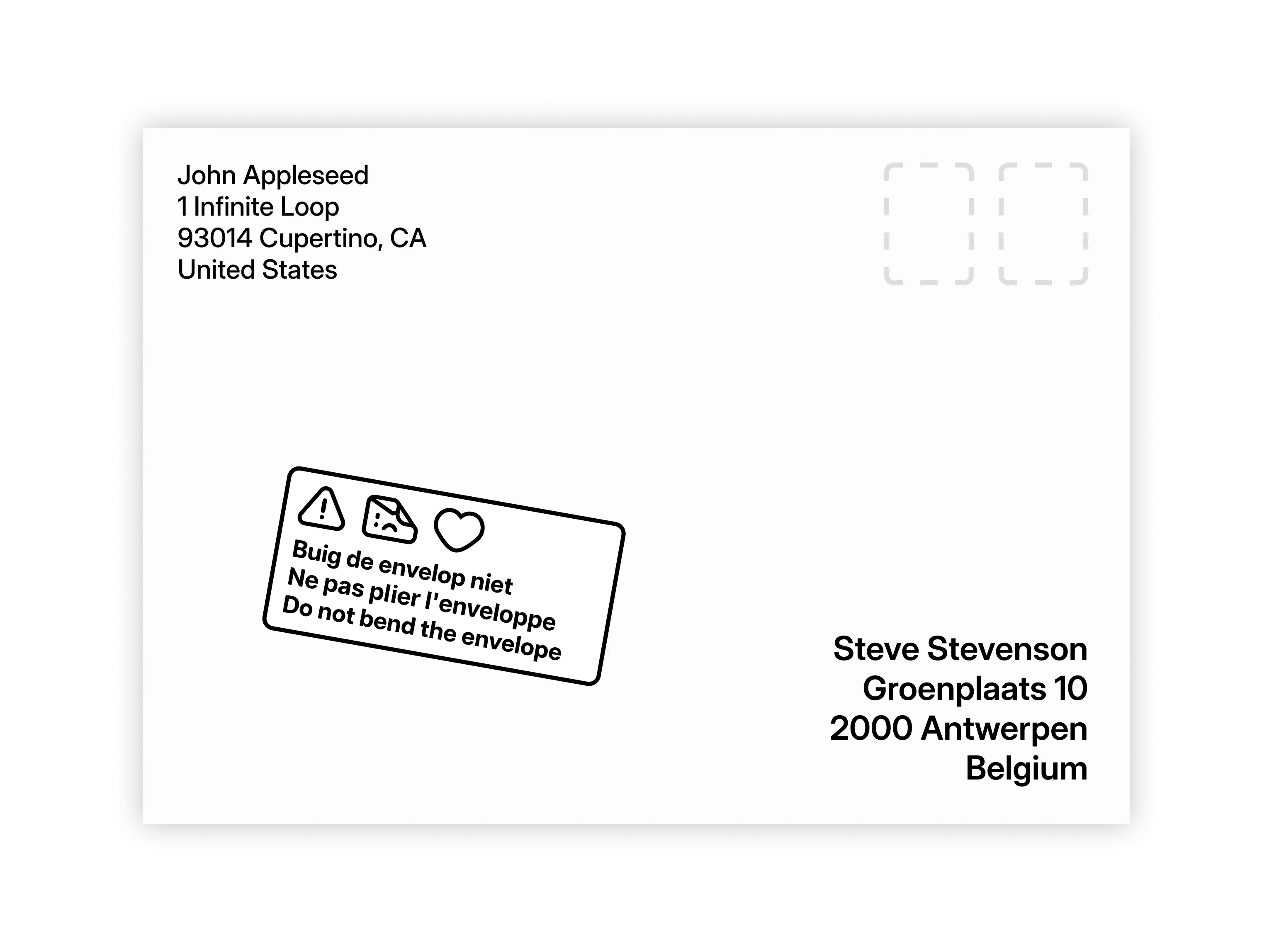 Envelope with a cute sticker saying do not bend in 3 languages